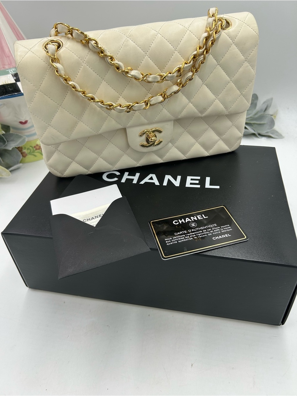 Women's CHANEL Quilted Shoulder Bag in Ivory with Gold Hardware made in France